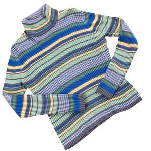 Y2K Valerie Stevens Women M Petite FLAW Multicolor Stripe Ribbed Turtleneck Slim